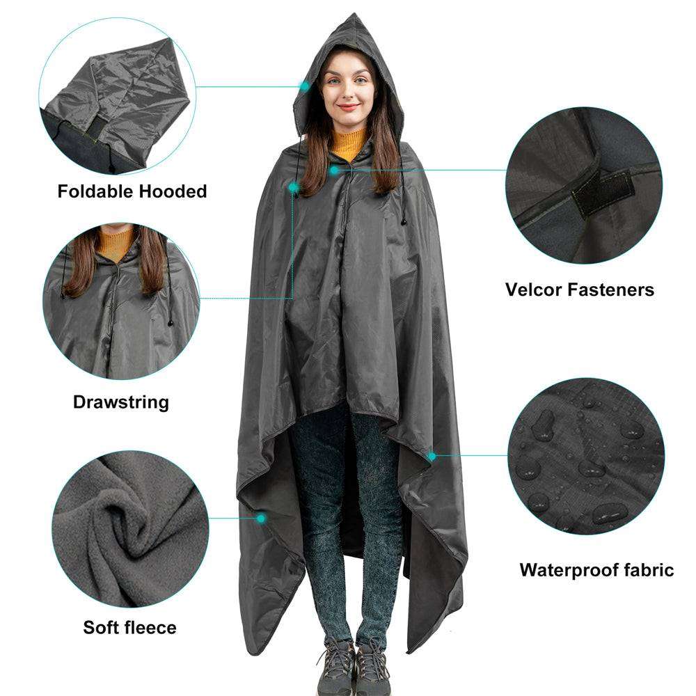 DUKUSEEK Hoodie Blanket Waterproof for Outdoor Camping, Picnic, Stadium, Sports, Beach, Concerts, Car, Dogs, Stadium Blanket Fleece Blanket Extra Large with Hood (79 x 56 inches) Black