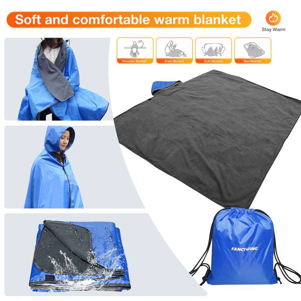 DUKUSEEK Hoodie Blanket Waterproof for Outdoor Camping, Picnic, Stadium, Sports, Beach, Concerts, Car, Dogs, Stadium Blanket Fleece Blanket Extra Large with Hood (79 x 56 inches) Blue