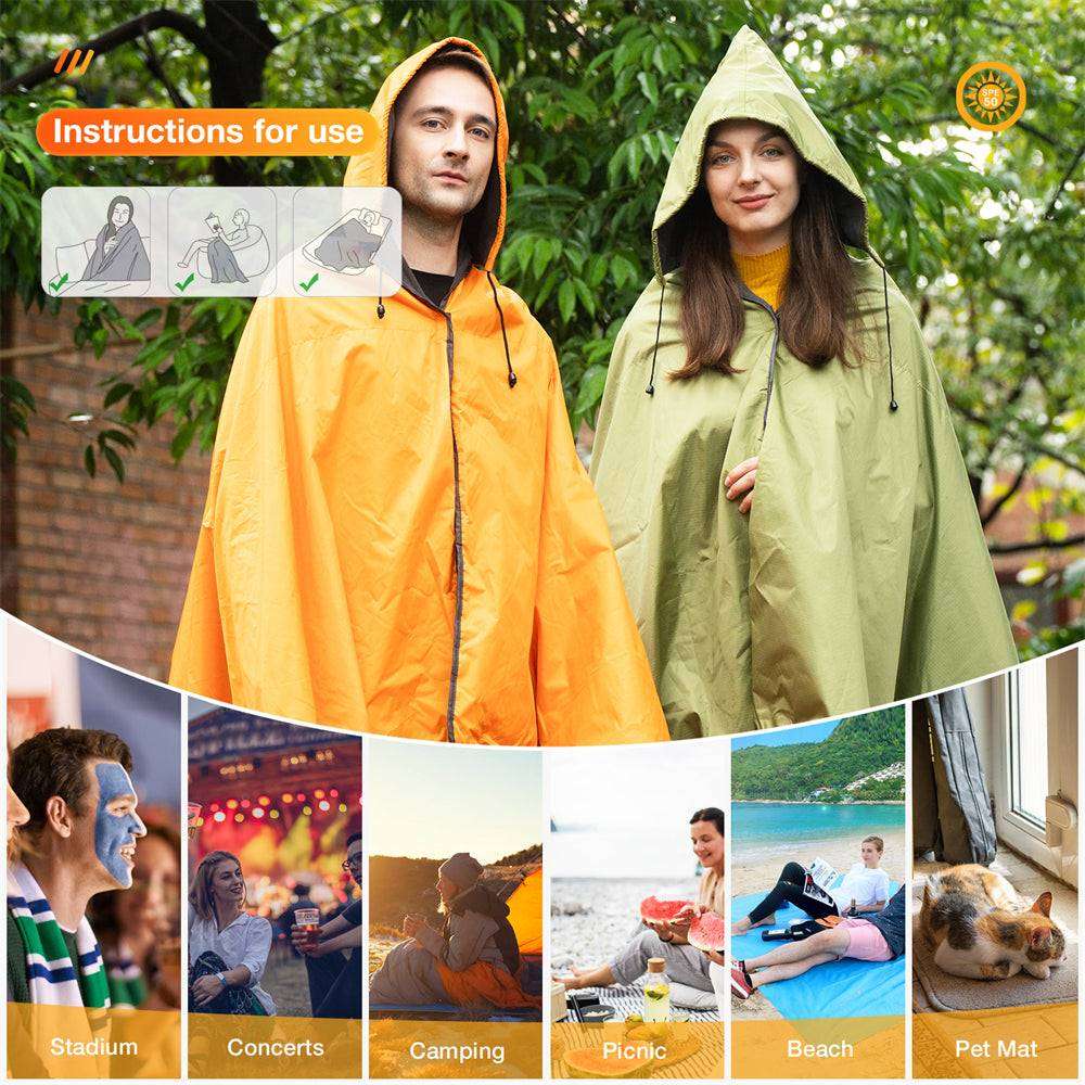 DUKUSEEK Hoodie Blanket Waterproof for Outdoor Camping, Picnic, Stadium, Sports, Beach, Concerts, Car, Dogs, Stadium Blanket Fleece Blanket Extra Large with Hood (79 x 56 inches) Orange