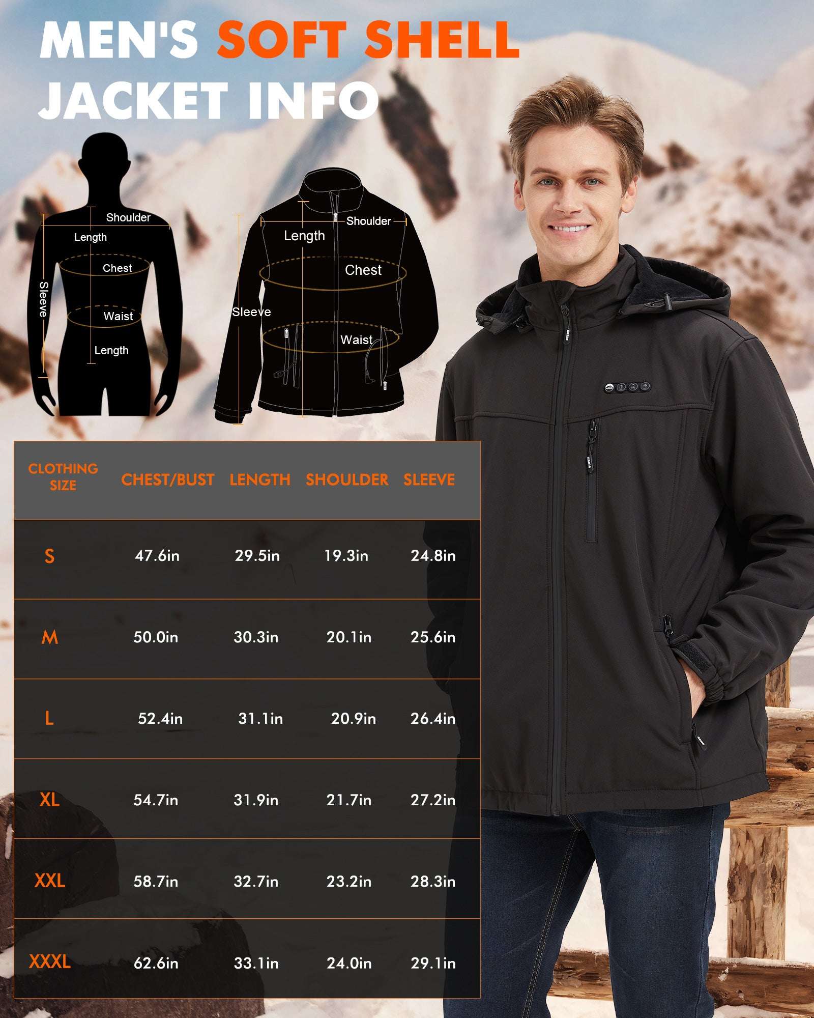 size chart of the men's heated jacket