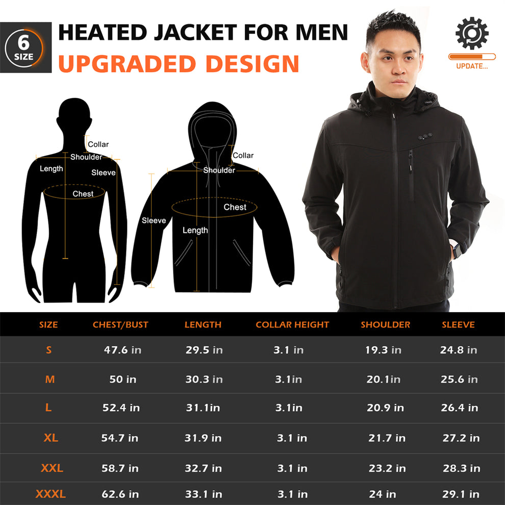 ARRIS Men`s Heated Jacket, Electric Heating Coat with 7.4V Battery and Detachable Hood - Waterproof, 8 Heating Areas