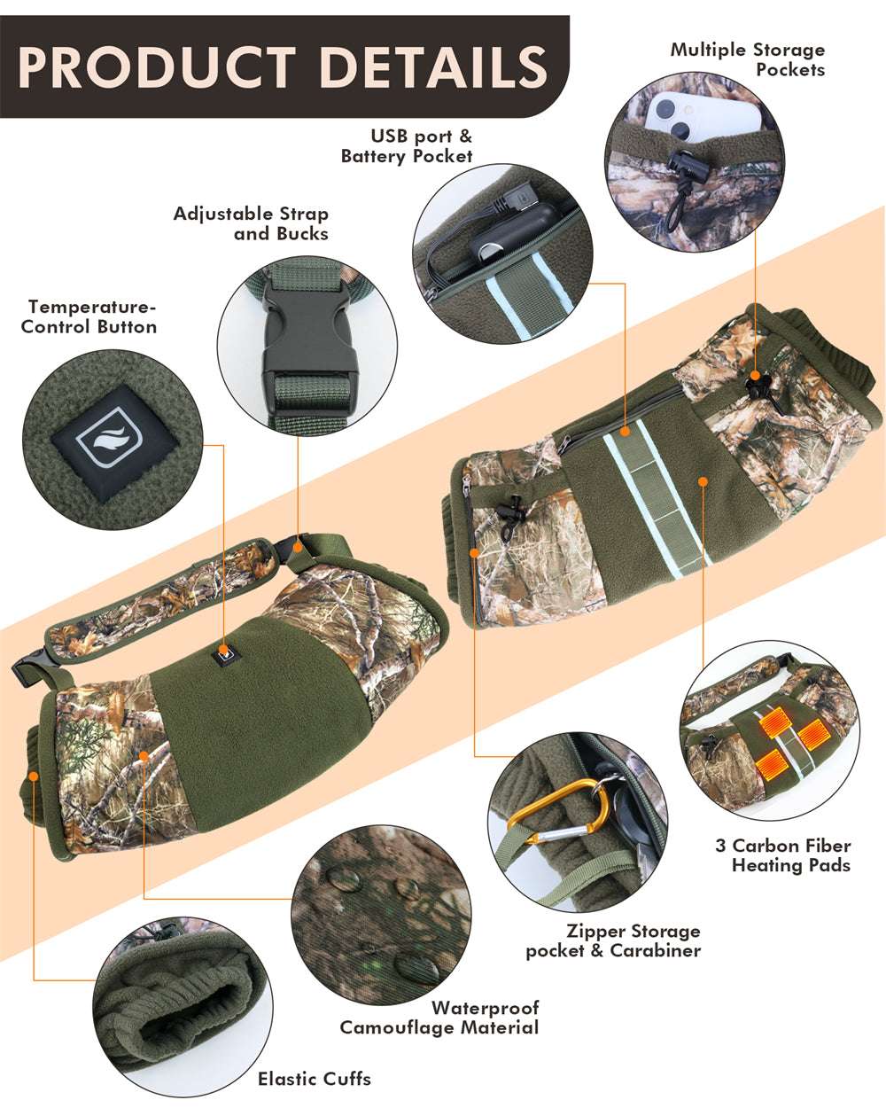 multiple pockets of dukuseek camo heated hand muff