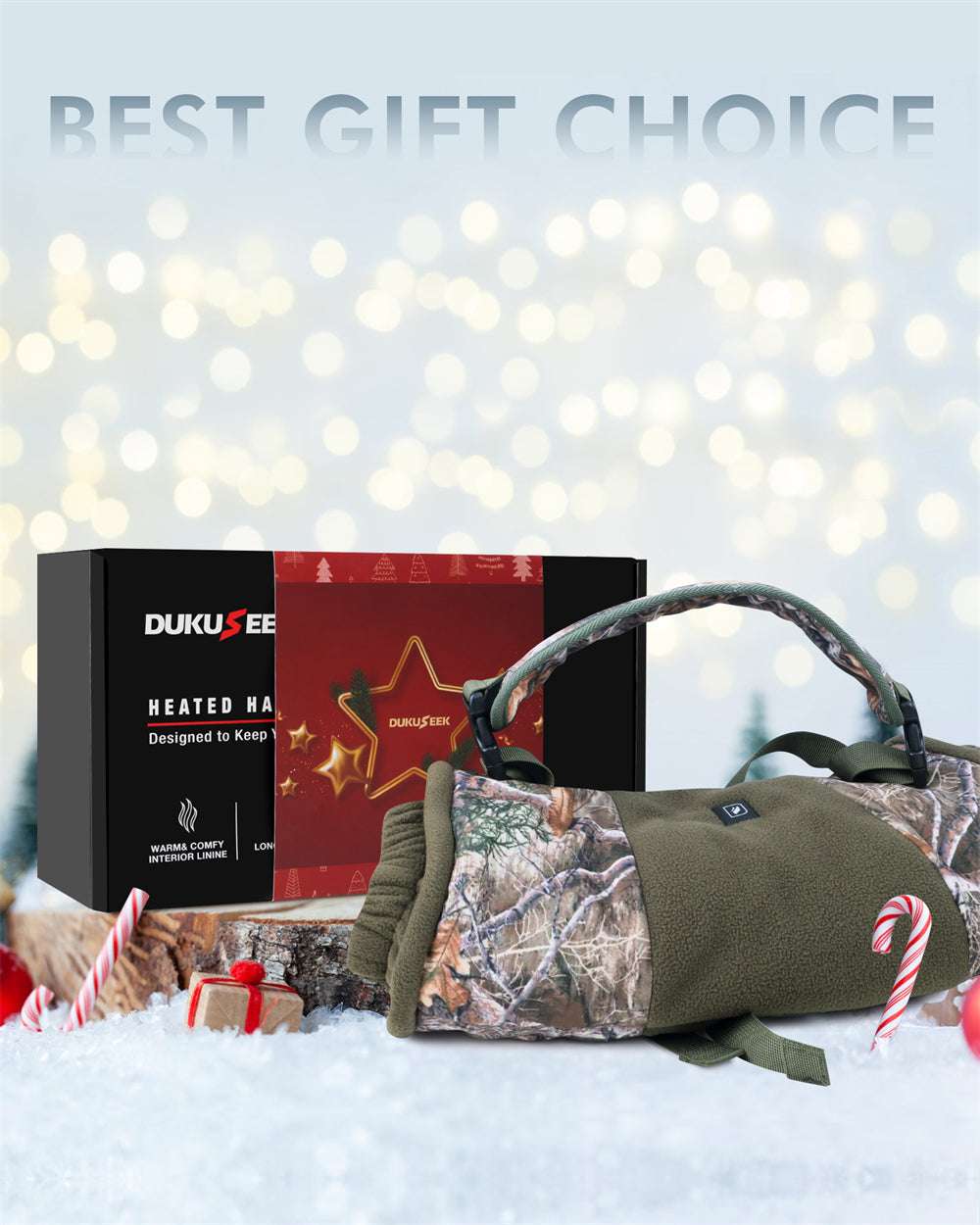 DUKUSEEK Camo Electric Heated Vest with Heated Hand Muff with Rechargeable Battery and Charger for Hunting Hiking Outdoors