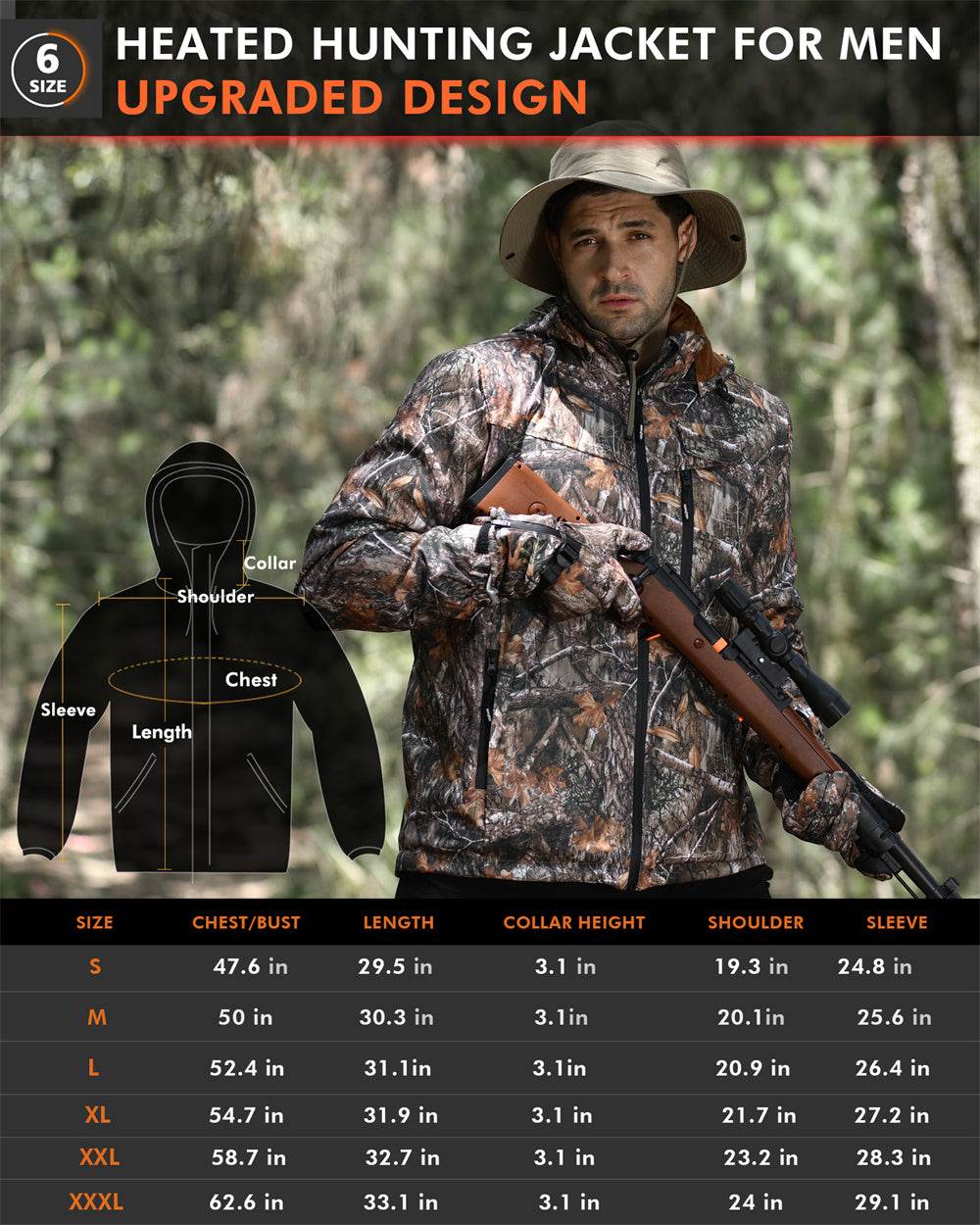 DUKUSEEK Camo Heated Jacket for Men with Detachable Hood Rechargeable 7500mAH Battery for Winter Hunting