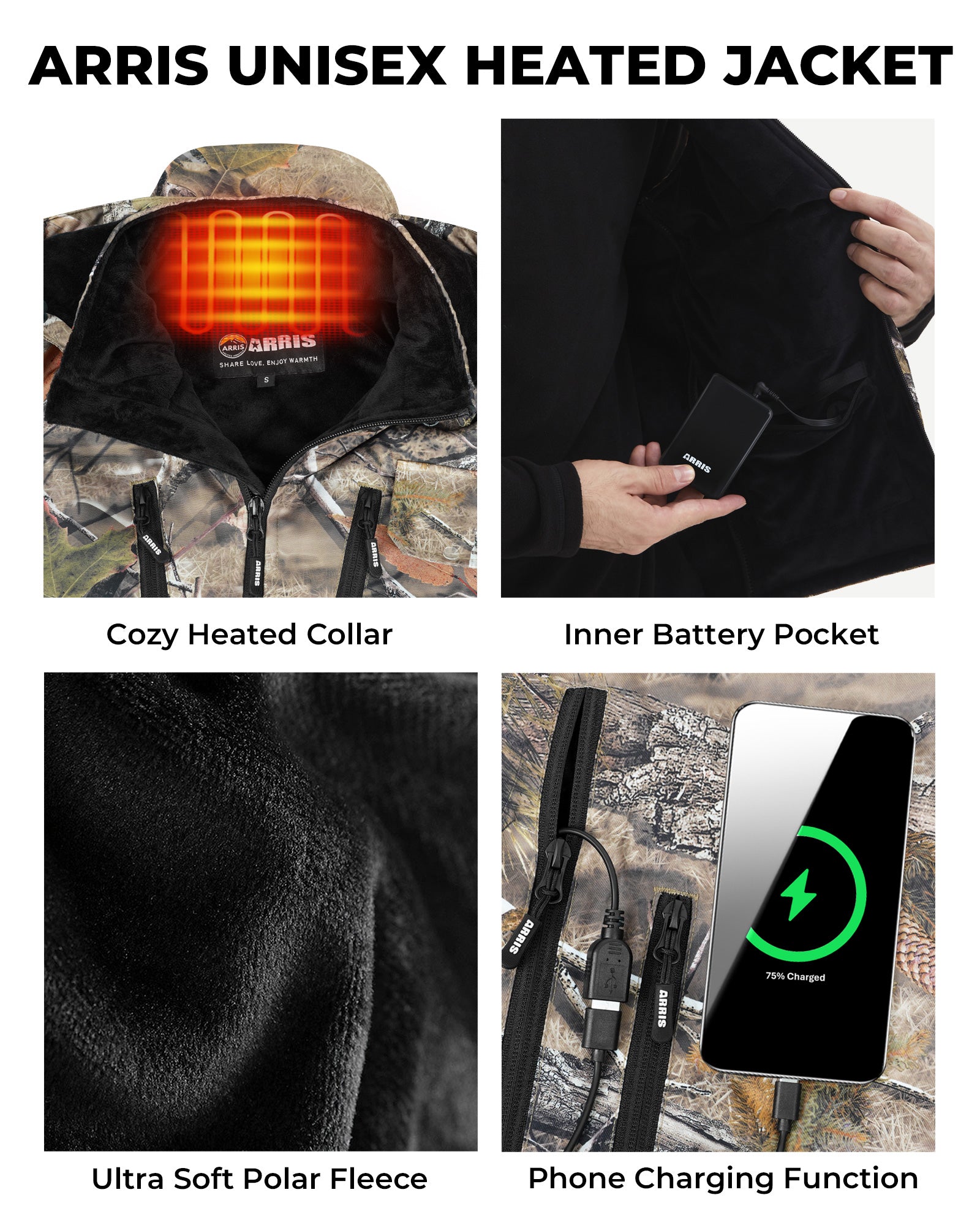 ARRIS Camo Heated Jacket for Hunting, Fishing & Outdoor Work
