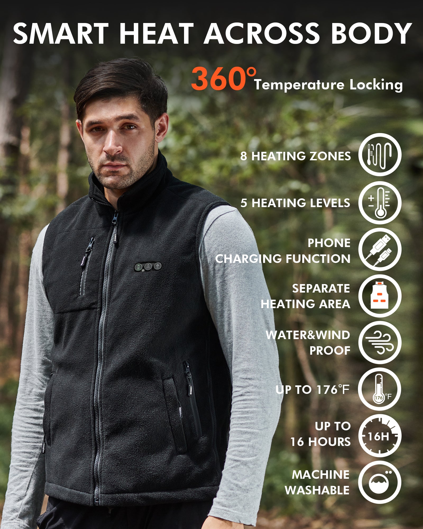 ARRIS Men's Fleece Heated Vest with Shoulder Heat & 7.4V Battery Pack