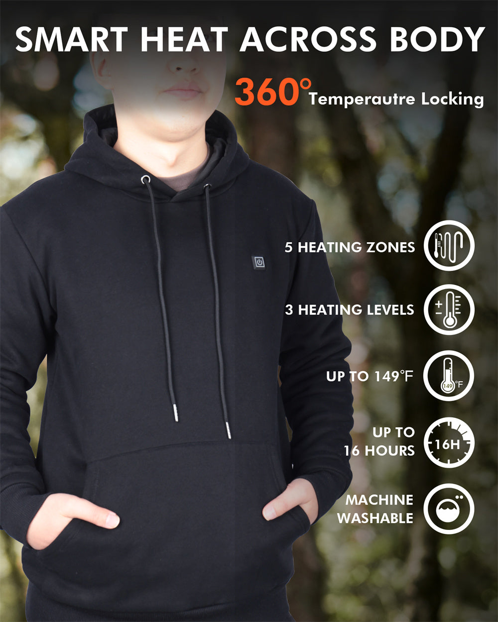 ARRIS 5V Electric Heated Hoodie Pullover Hoodie with 10000mah Battery Pack for Men 5 Heating Zones