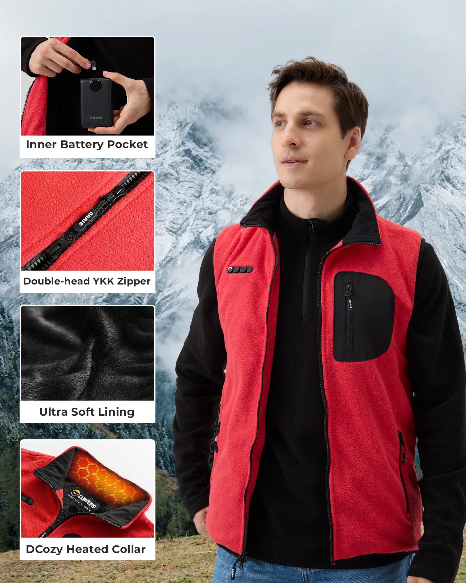 ARRIS Fleece Heated Vest with 12V Battery, Size Adjustable Heated Vest for Men Women