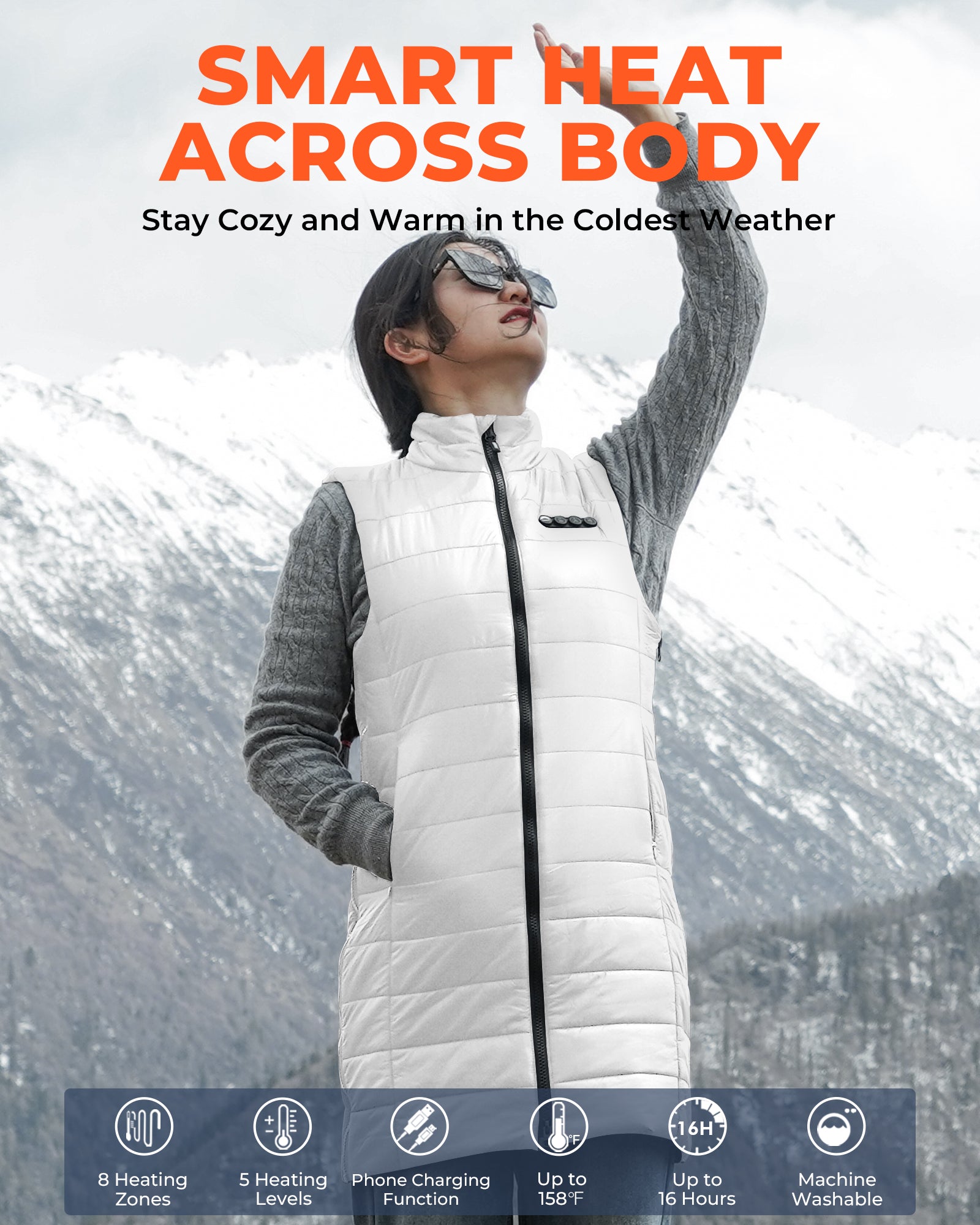 ARRIS Women`s Long Graphene Heated Vest, Size Adjustable Long Puffer Lightweight Heating Vest