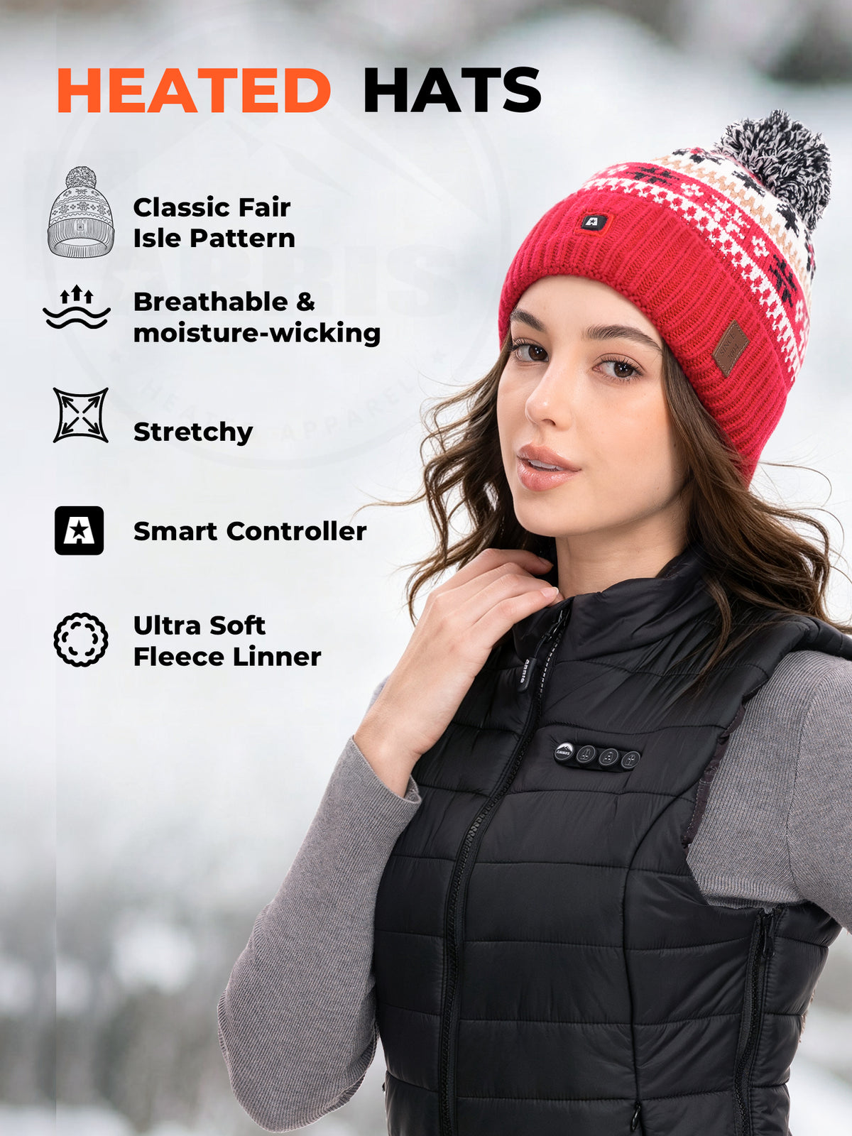 ARRIS Red Fair Isle Heated Beanie with Rechargeable Battery