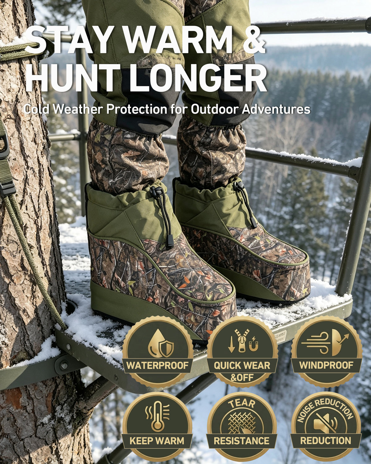 Insulated Hunting Boot Covers, Camo Over Boot Warmers with Warmer Pocket