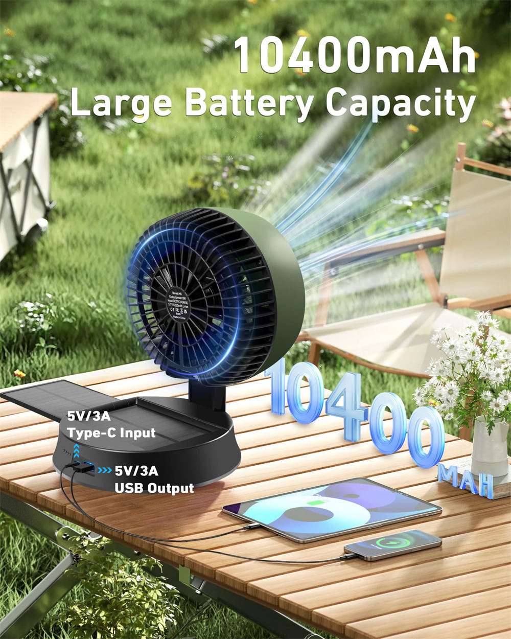 10400mah large battery capacity solar fan