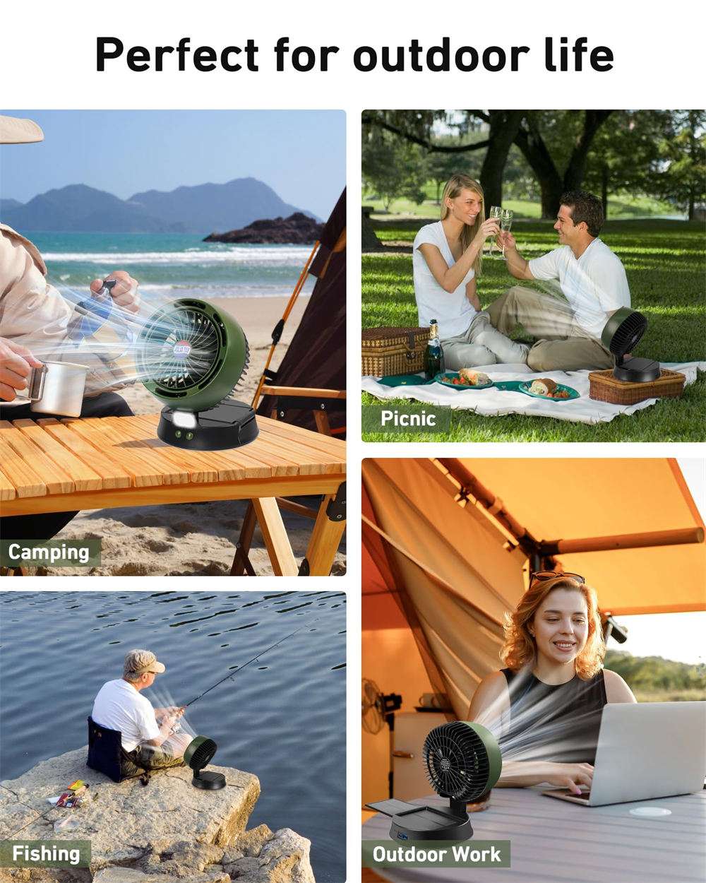 portable fan suitable for outdoors, like camping, picnic, fishing, outdoor work