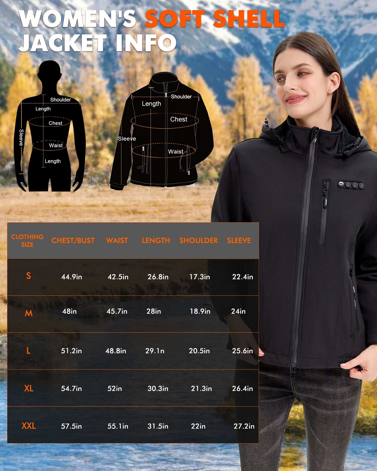 size chart of arris women's heated jacket