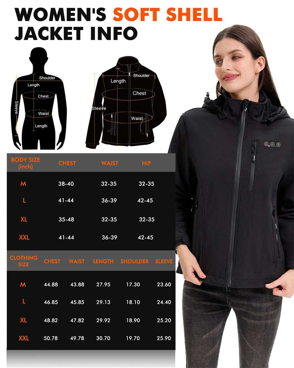 size chart of the women's heated jacket