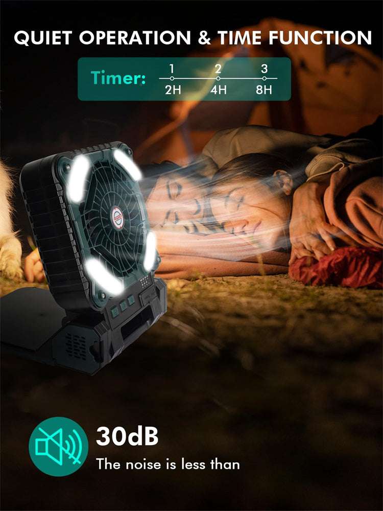 DUKUSEEK Solar Powered Fan Camping with LED Light, 10400mAh Portable Camping Fan with Solar Panel, Rechargeable Battery Operated Tent Camp Fan with Remote for Outdoor Car RV Hurricane