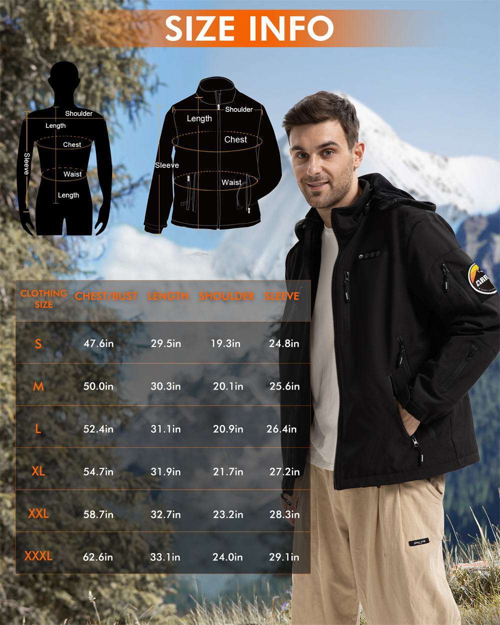 size chart of ARRIS 12V heated jacket