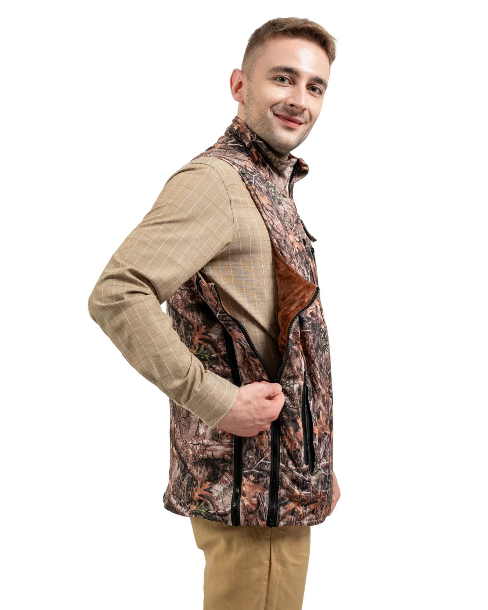 size adjustable heated camo vest with detachable size panels