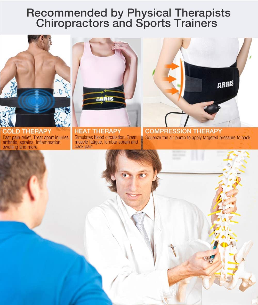 Hot Cold Therapy Ice Back Pack with Compression for Back Injuries, Reusable Lower Back Ice Wrap with Air Pump for Pain Relief