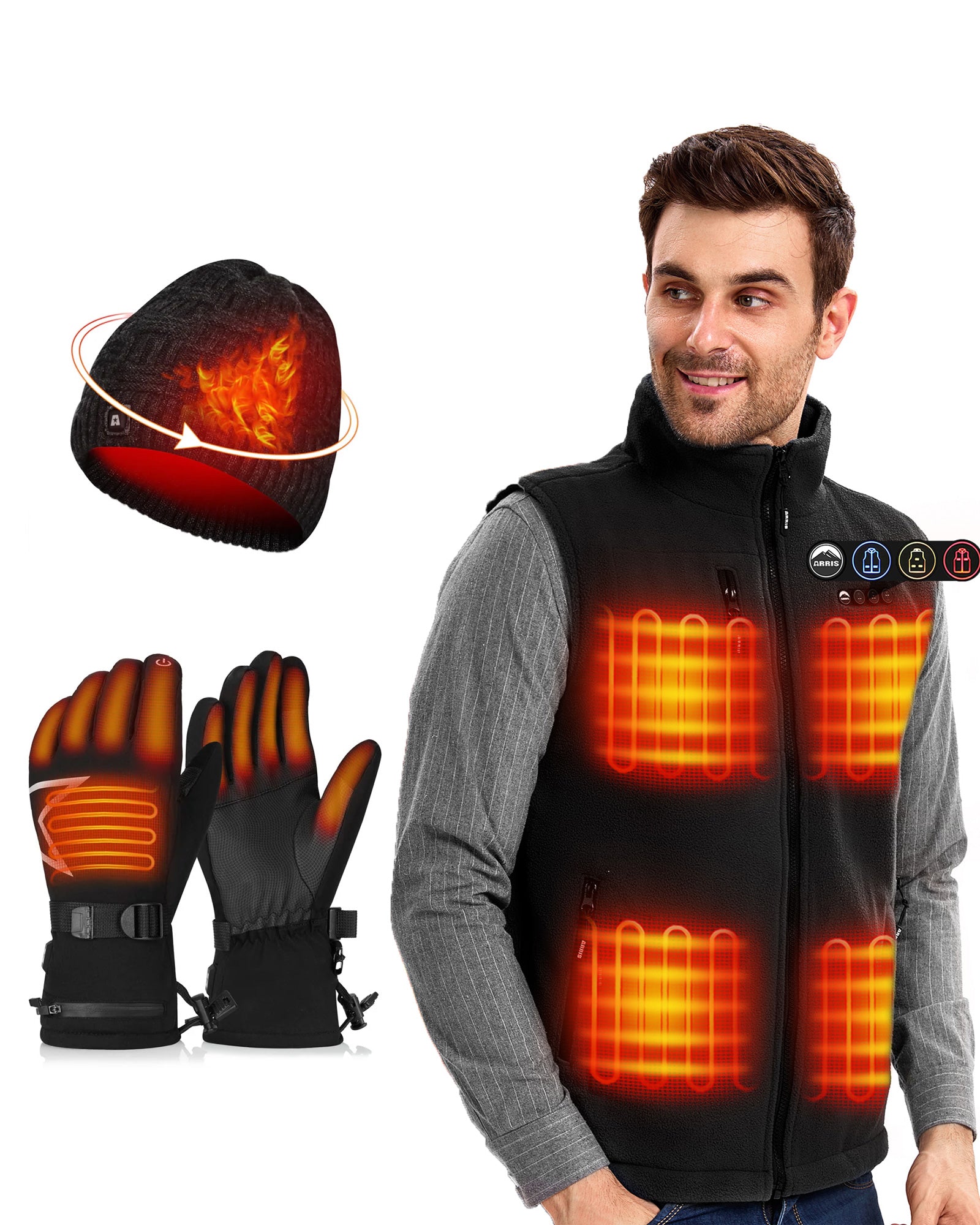 ARRIS Fleece Heated Vest For Men Heated Hat Heated Gloves Holiday Bundle Sale