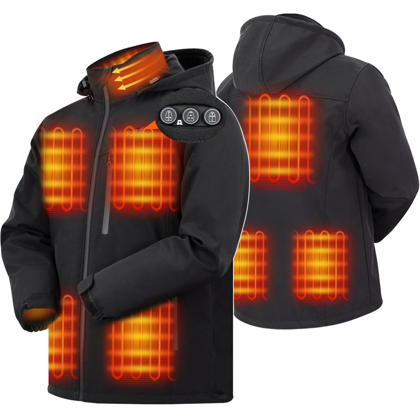 ARRIS Men`s Heated Jacket, Electric Heating Coat with 7.4V Battery and Detachable Hood - Waterproof, 8 Heating Areas