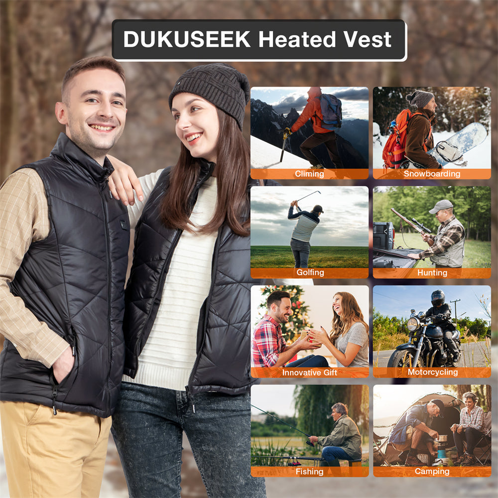 DUKUSEEK Heated Vest for Men Waterproof & Lightweight with Rechargeable 7.4V Battery Pack & Wall Charger for Hunting, Fishing, Cycling, Treking, Hiking, Skiing, Snowboarding, Outdoor work