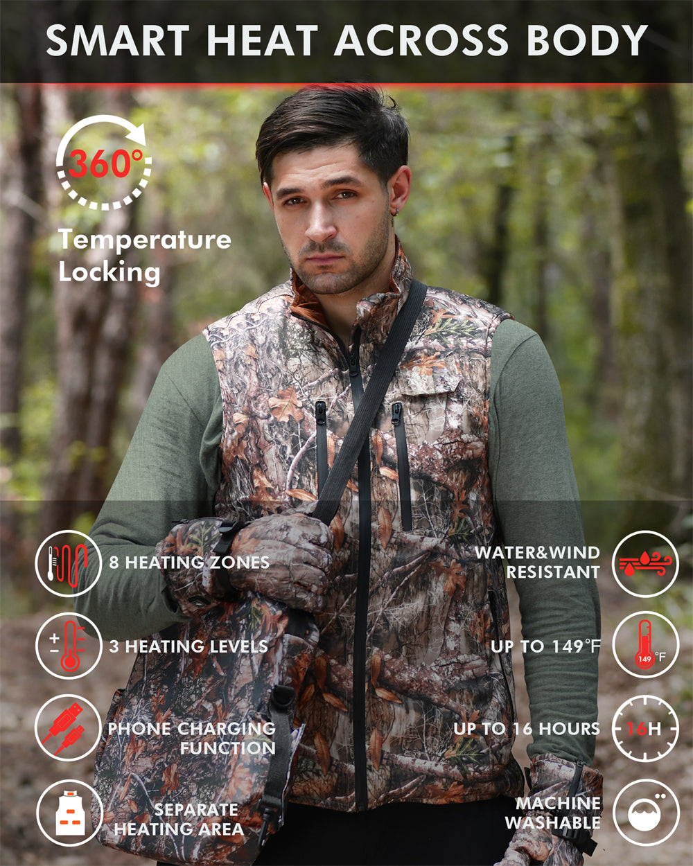 DUKUSEEK Camo Heated Vest with Heated Gloves for Hunting Hiking Outdoors