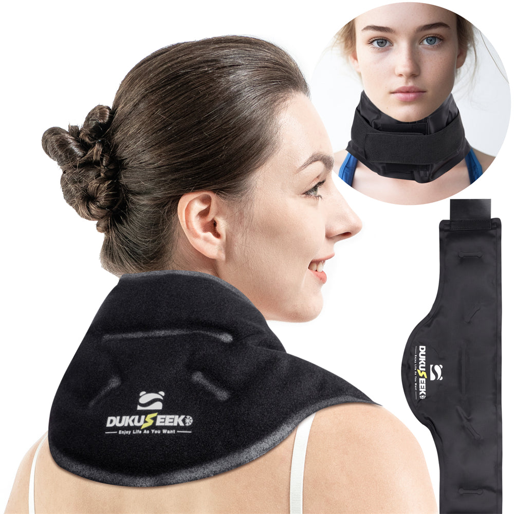 DUKUSEEK Neck Ice Pack Wrap, Upgraded Looped Lycra Fabric Reusable Gel Ice Pack with Removable Strap for Neck Cervical, Hot Cold Compress for Pain Relief, Injuries, Swelling, Post Surgery Recovery