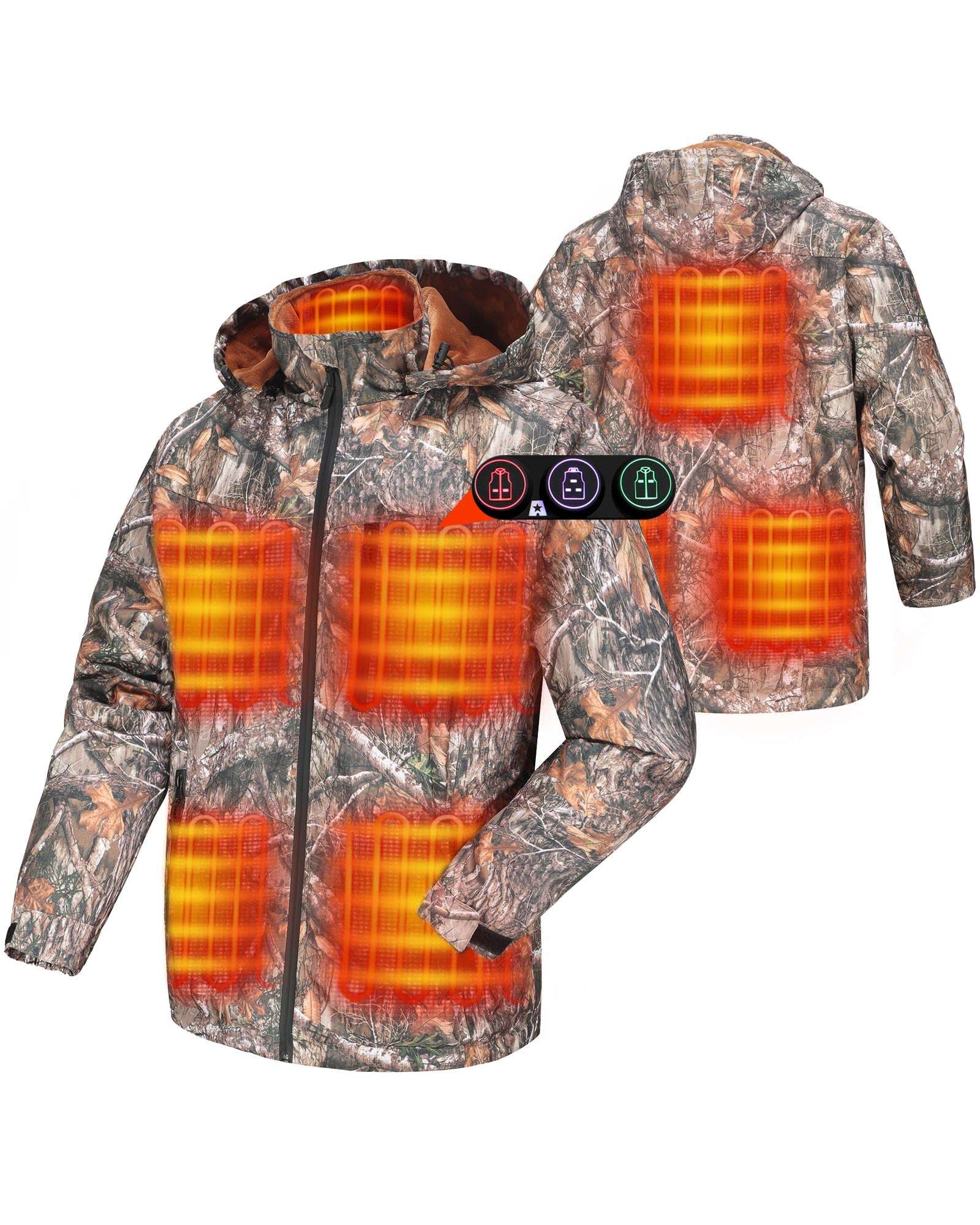 DUKUSEEK Camo Heated Jacket for Men with Detachable Hood Rechargeable 7500mAH Battery for Winter Hunting