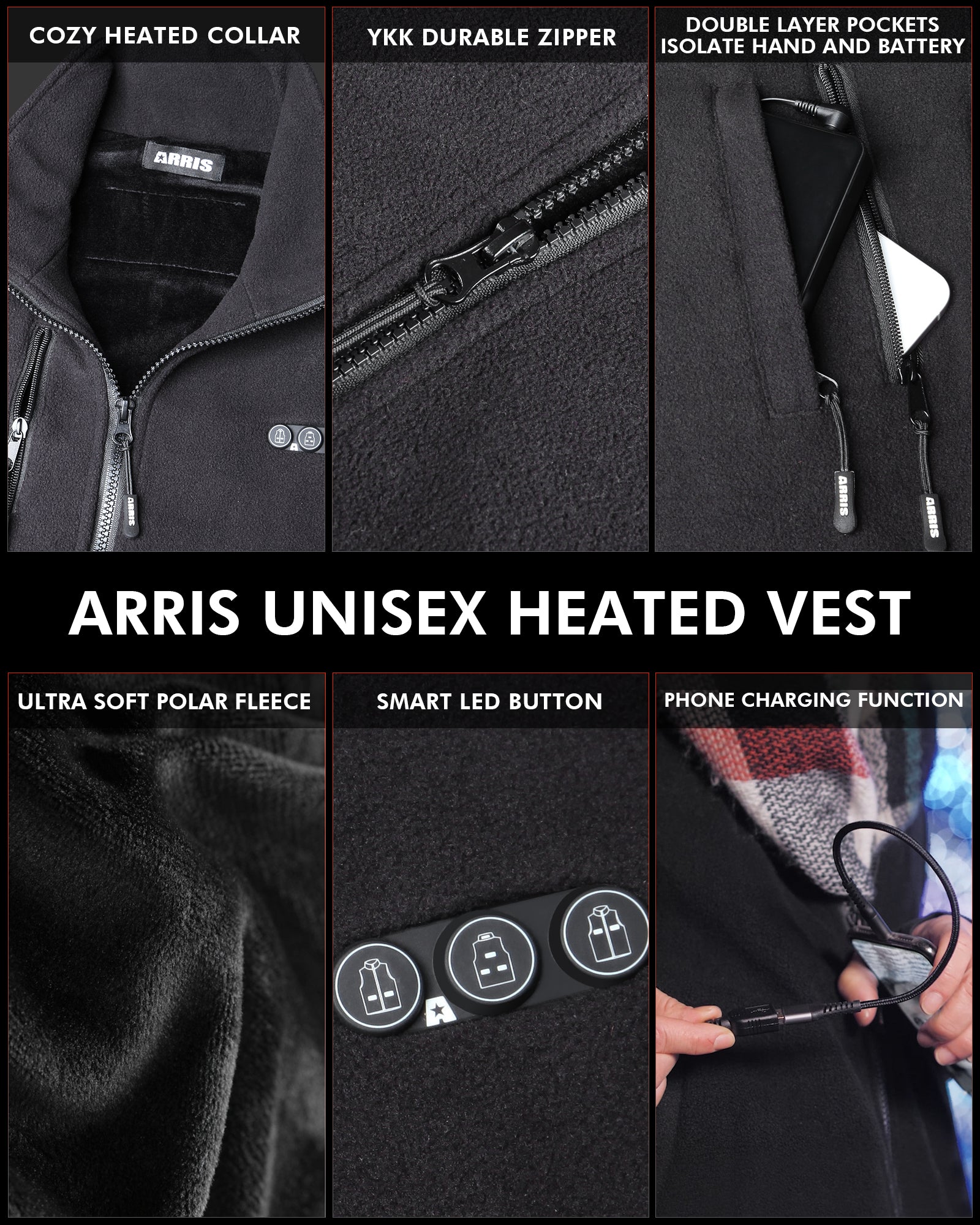 ARRIS Men's Fleece Heated Vest with Shoulder Heat & 7.4V Battery Pack