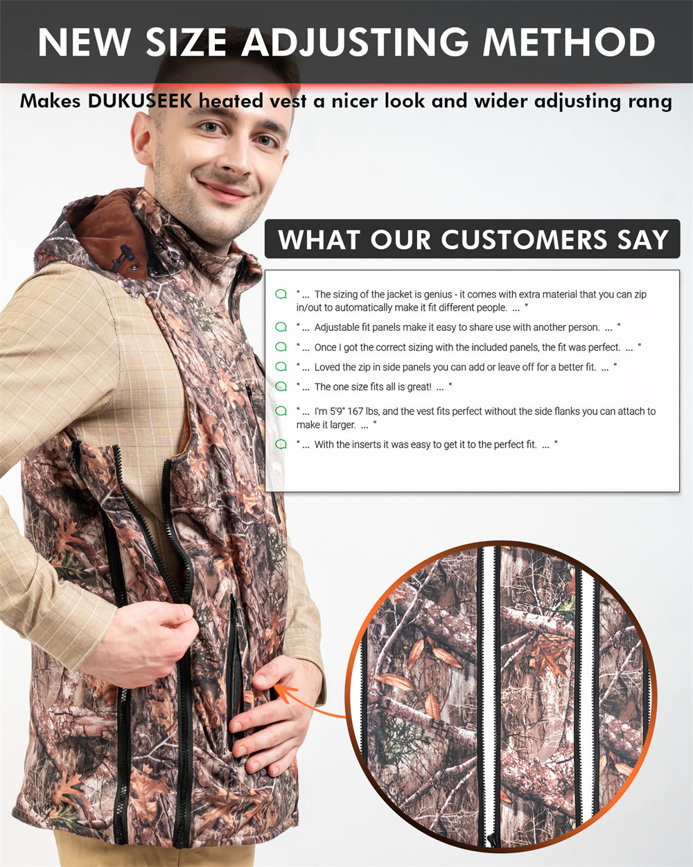detachable size panels makes arris heated camo vest a nicer look and wider adjusting range