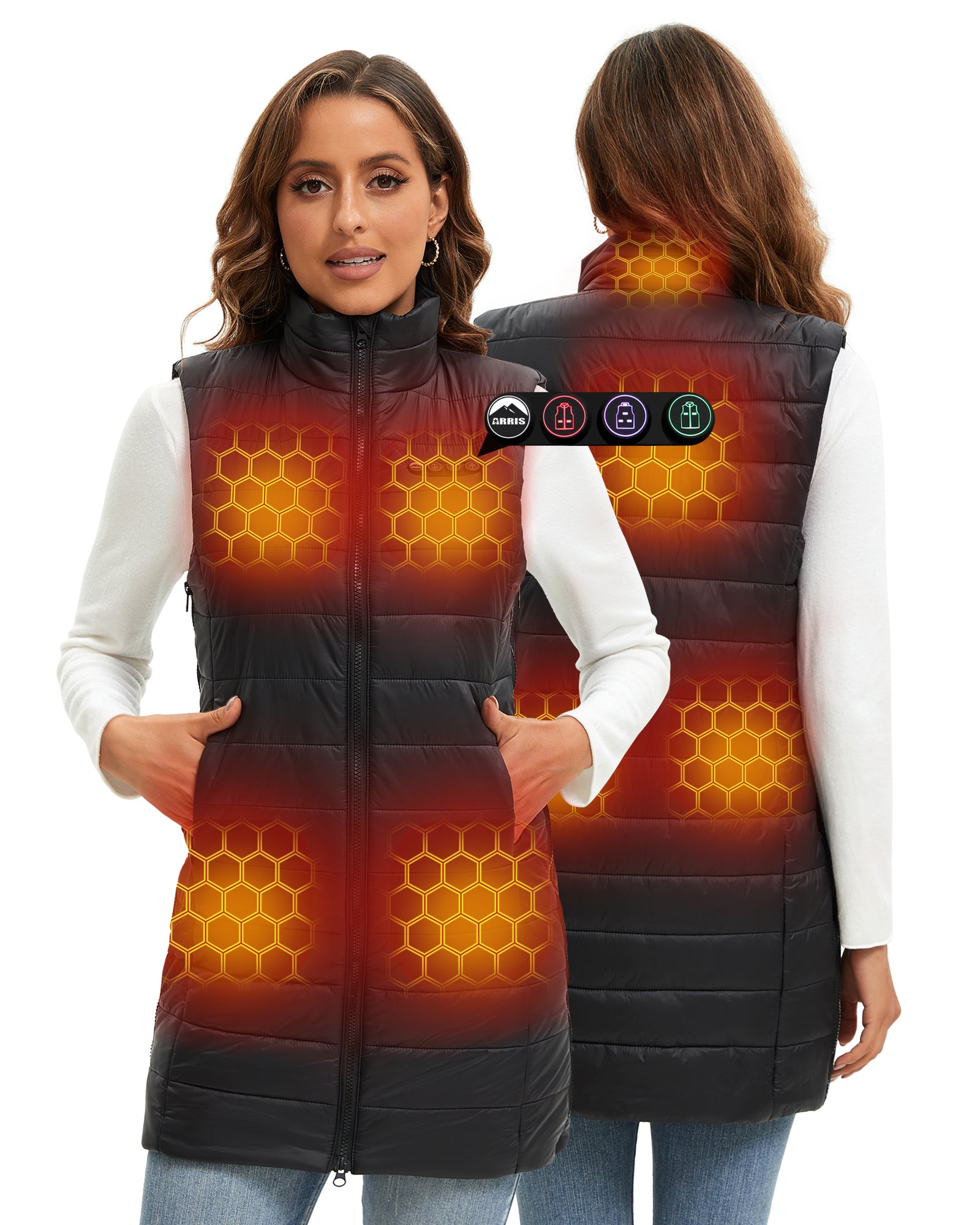 ARRIS Women`s Long Graphene Heated Vest, Size Adjustable Long Puffer Lightweight Heating Vest