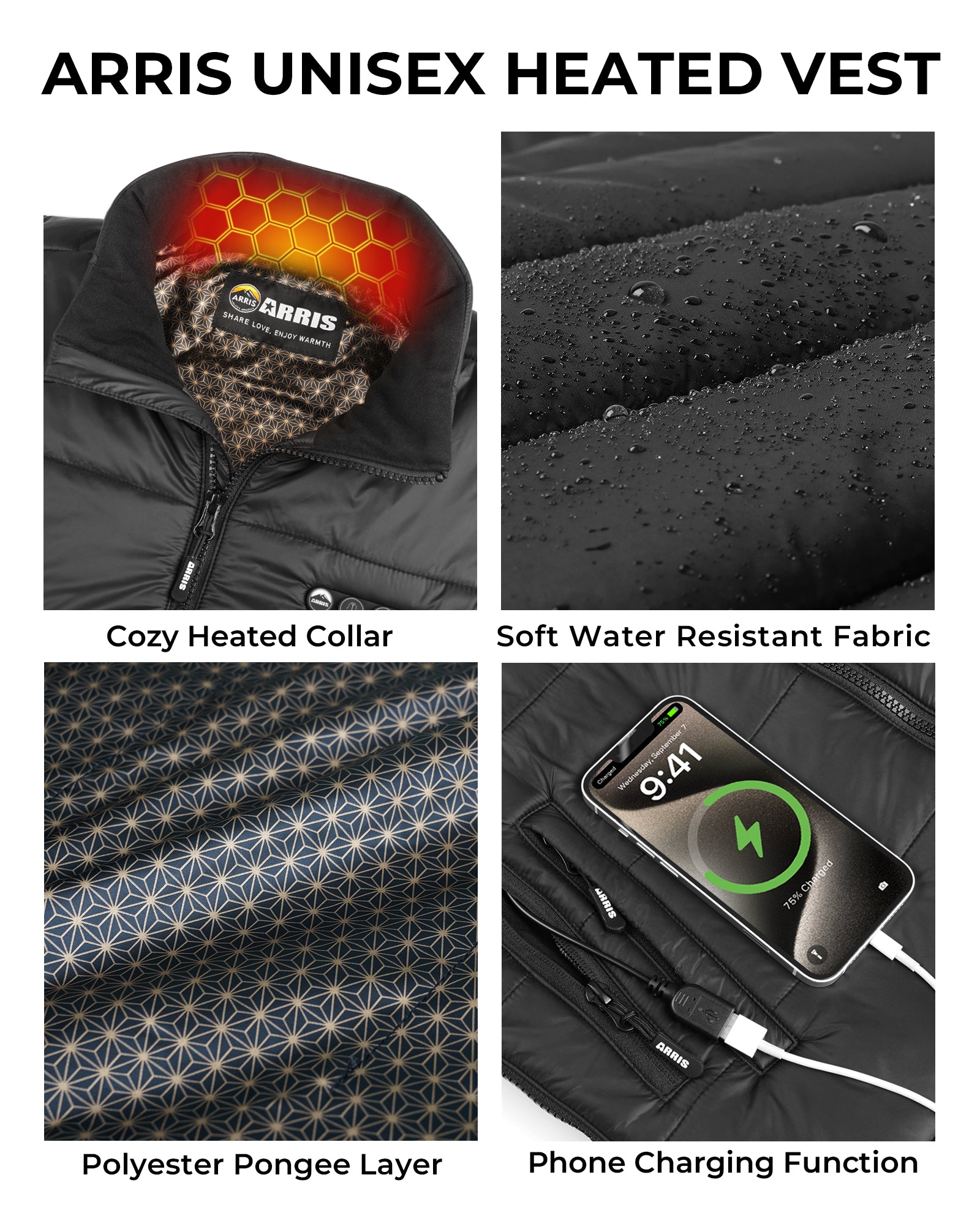 ARRIS 12V Graphene-Enhanced Heated Vest with Patented Size Adjustable Design