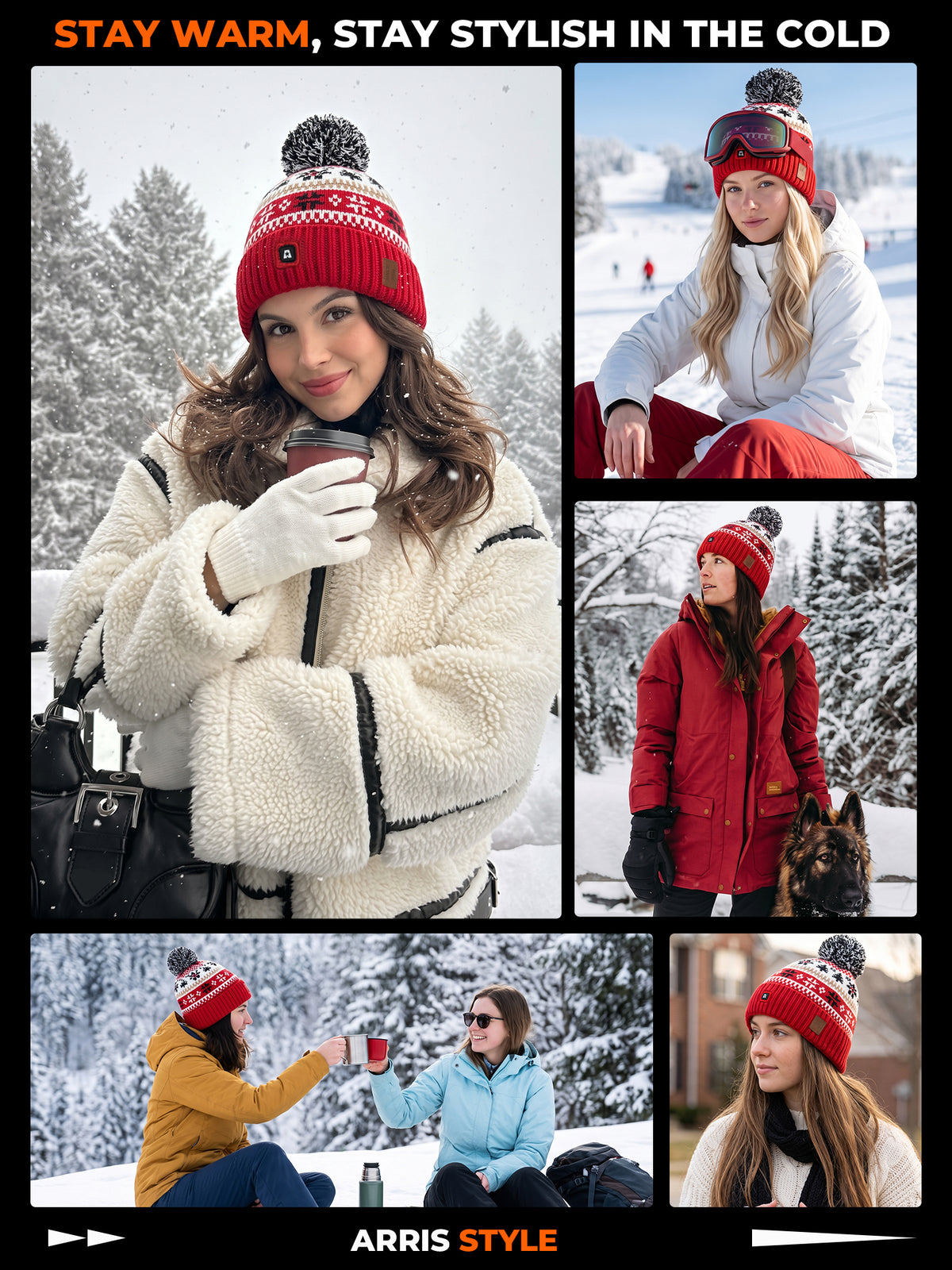 ARRIS Red Fair Isle Heated Beanie with Rechargeable Battery