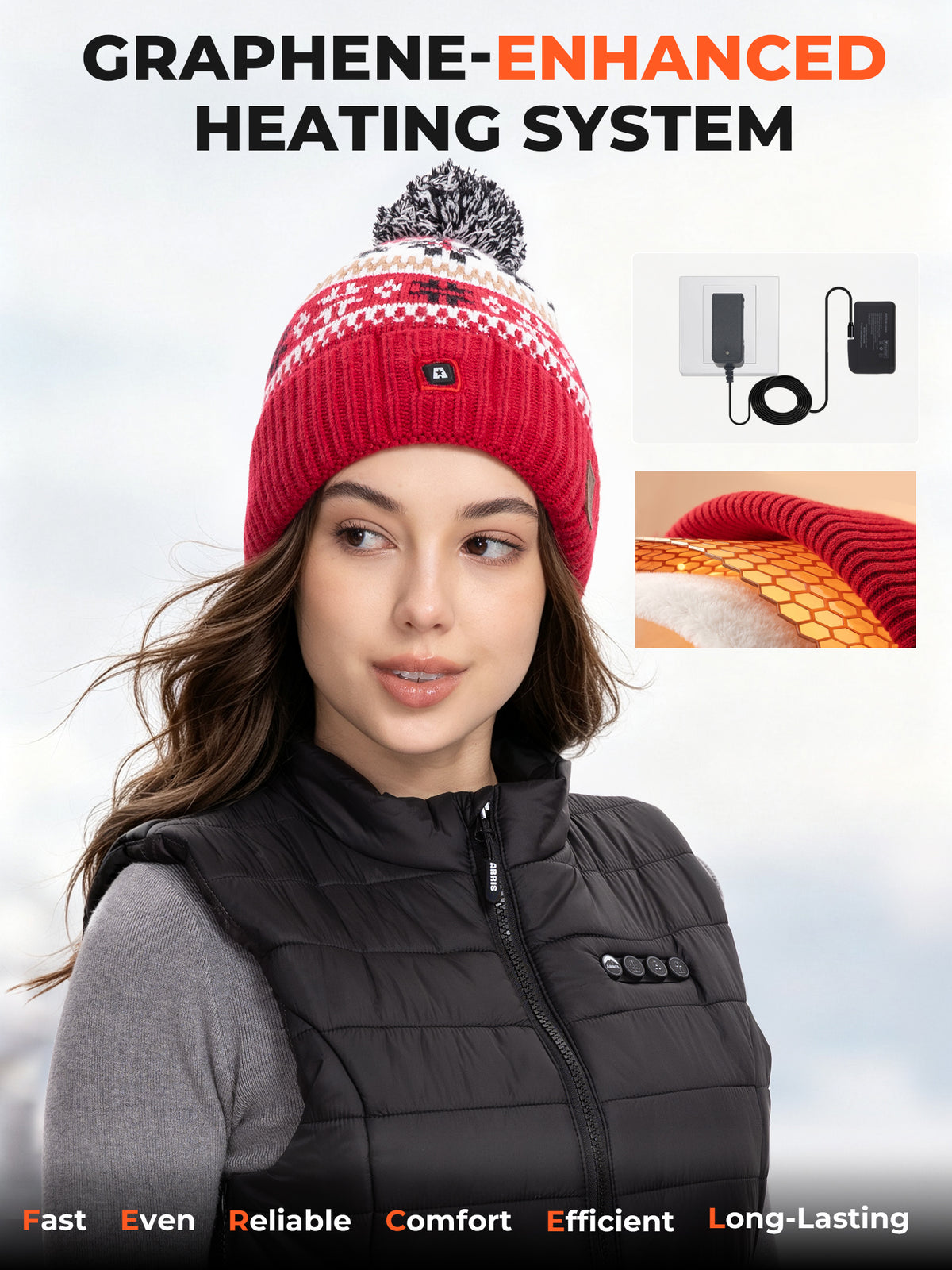 ARRIS Red Fair Isle Heated Beanie with Rechargeable Battery