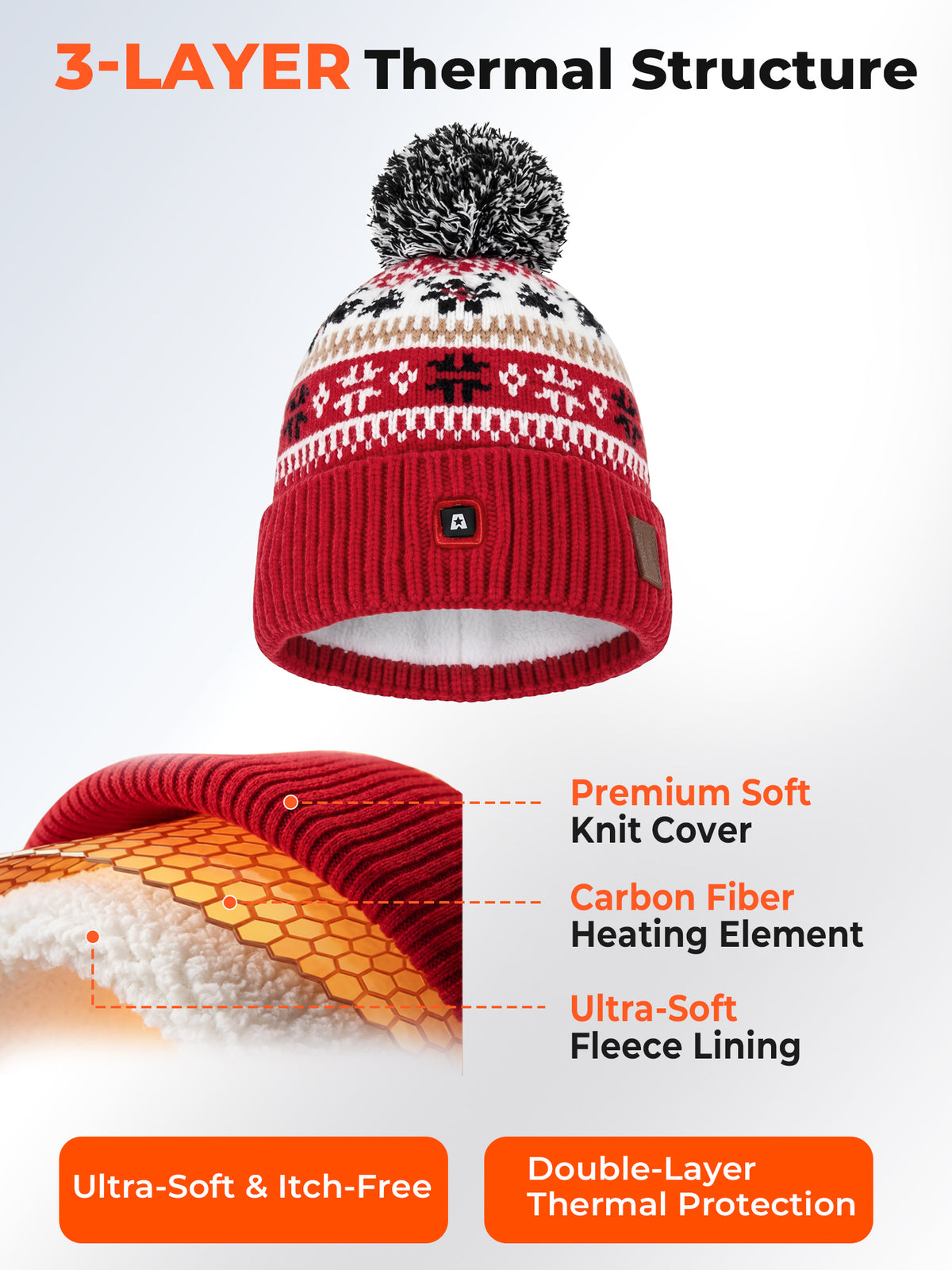 ARRIS Red Fair Isle Heated Beanie with Rechargeable Battery