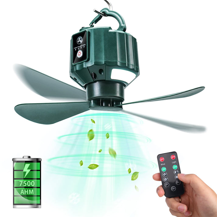 Tent Ceiling Fan with Builtin Rechargable 7500mAh Battery Remote