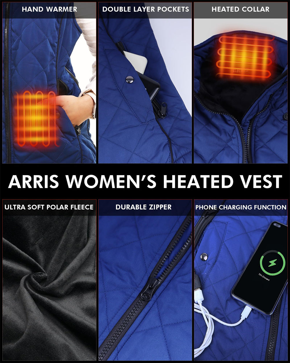 ARRIS Heated Vest for Women, 7.4V Electric Warm Vest 8 Heating Panels Size Adjustable Vest