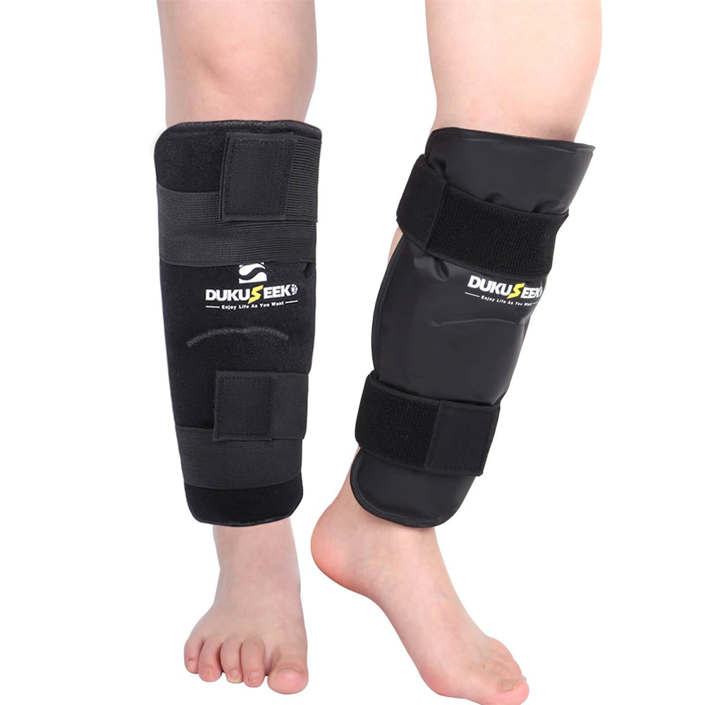DUKUSEEK Shin Ice Packs, Leg or Calf Gel Ice Pack Wrap with Ugraded Looped Lycra Fabric, Hot Cold Compression Shin Splint Ice Brace for Pain Relief, Running, Injuries, Recovery - 2 Pcs