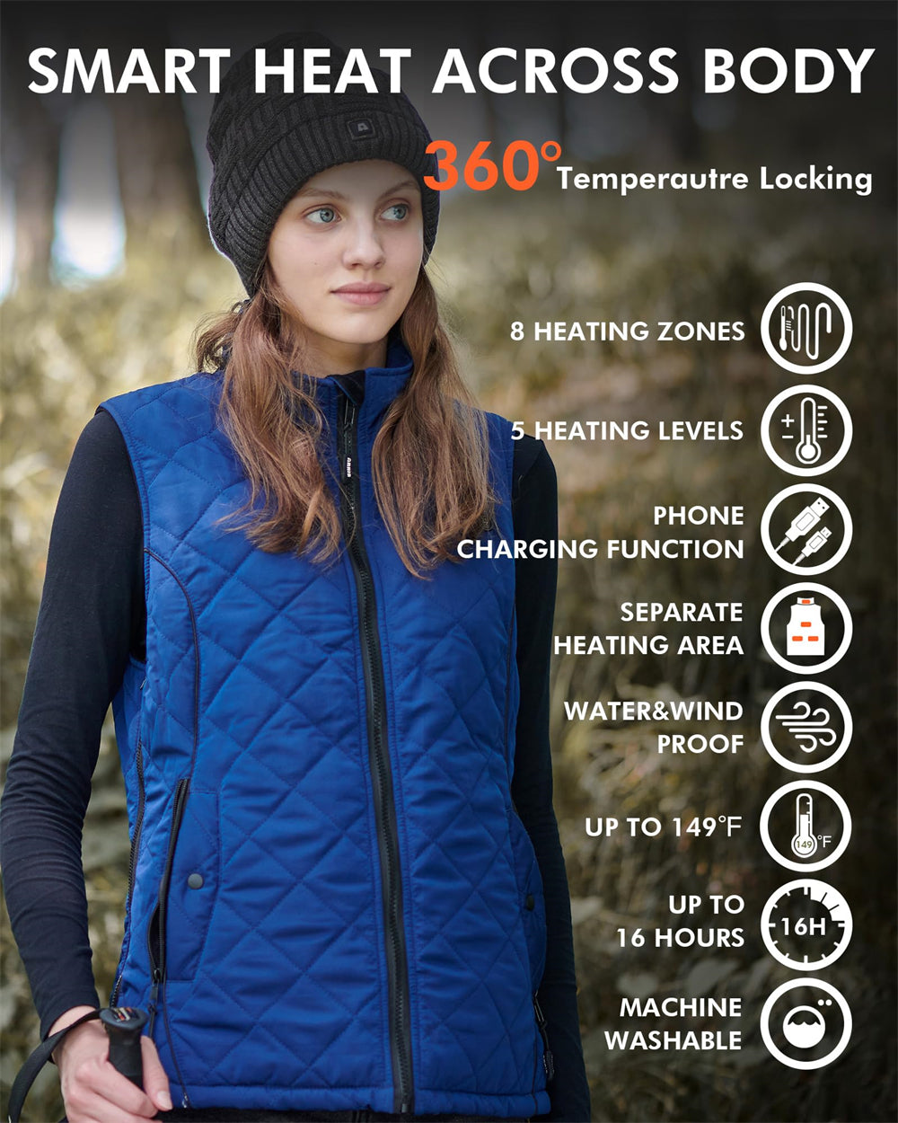 ARRIS Heated Vest for Women, Size Adjustable 7.4V Electric Warm Vest 8 Heating Panels with Battery Pack