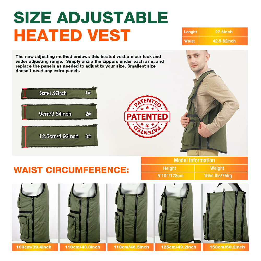 Men's Heated Fishing Vest USB Charging Multiple Pockets Size