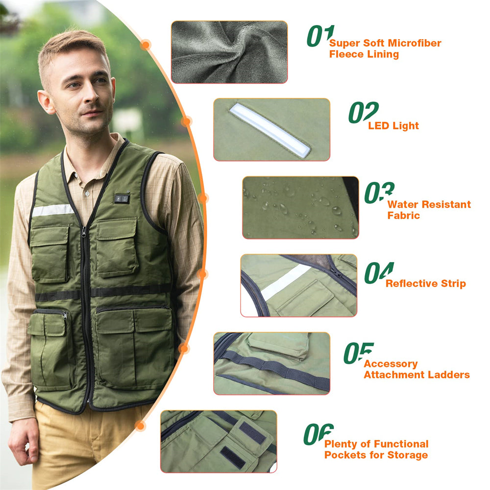 DUKUSEEK Heated Vest Men's Fishing Vest, USB Charging with LED Light Bar on the Back Warm Heated Fishing Vest for Fishing, Hunting, Safari, Travel, Shooting, Outdoor Work, Outdoor Activities (Battery Not Included)
