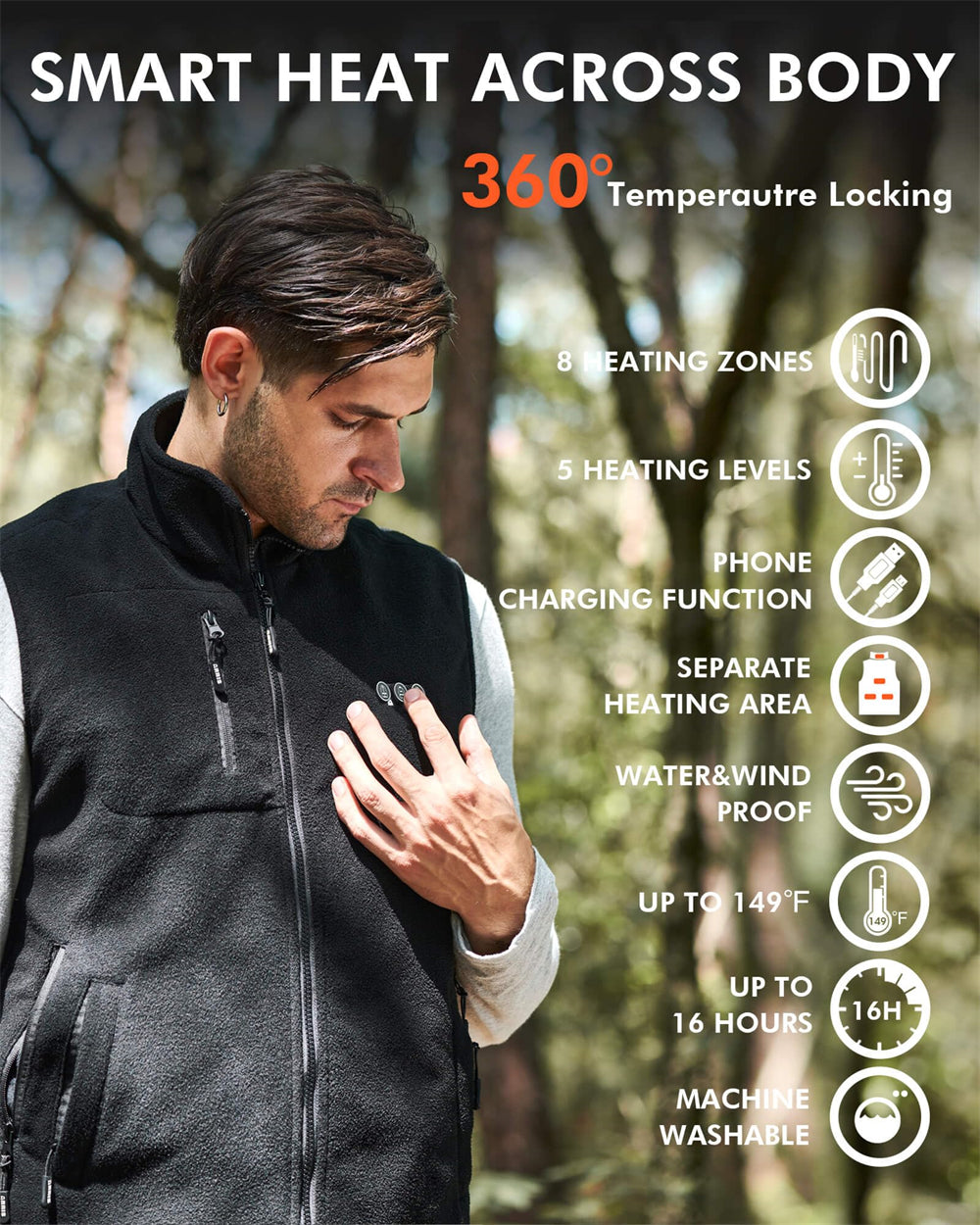heated vest suitable for hiking, hunting, skiing, cycling, snowboarding