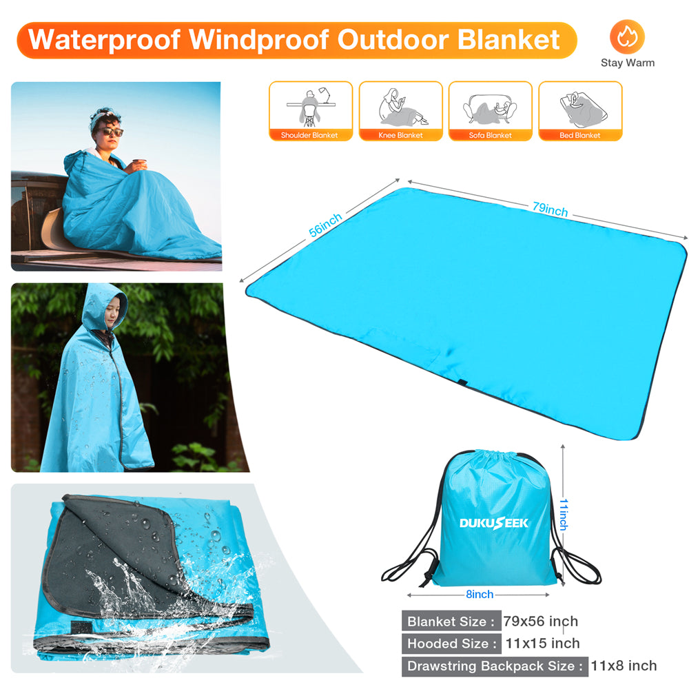 DUKUSEEK Hoodie Blanket Waterproof for Outdoor Camping, Picnic, Stadium, Sports, Beach, Concerts, Car, Dogs, Stadium Blanket Fleece Blanket Extra Large with Hood (79 x 56 inches) Sky Blue