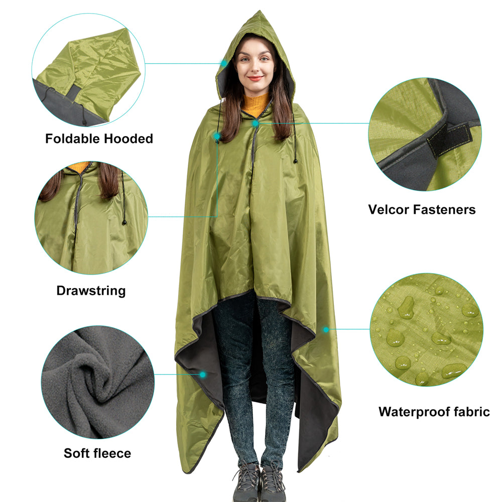 DUKUSEEK Hoodie Blanket Waterproof for Outdoor Camping, Picnic, Stadium, Sports, Beach, Concerts, Car, Dogs,  Stadium Blanket Fleece Blanket Extra Large with Hood (79 x 56 inches) Army Green