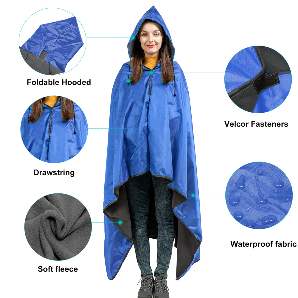 DUKUSEEK Hoodie Blanket Waterproof for Outdoor Camping, Picnic, Stadium, Sports, Beach, Concerts, Car, Dogs,  Stadium Blanket Fleece Blanket Extra Large with Hood (79 x 56 inches) Blue
