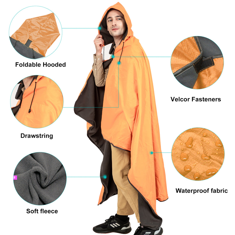 DUKUSEEK Hoodie Blanket Waterproof for Outdoor Camping, Picnic, Stadium, Sports, Beach, Concerts, Car, Dogs,  Stadium Blanket Fleece Blanket Extra Large with Hood (79 x 56 inches) Orange