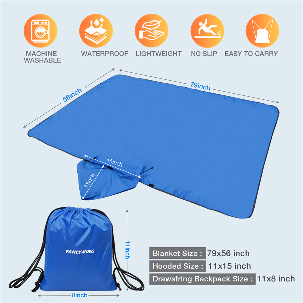 DUKUSEEK Hoodie Blanket Waterproof for Outdoor Camping, Picnic, Stadium, Sports, Beach, Concerts, Car, Dogs,  Stadium Blanket Fleece Blanket Extra Large with Hood (79 x 56 inches) Blue