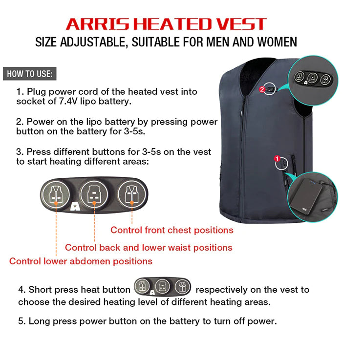 ARRIS 7.4V Battery Heated Vest Size Adjustable Vest + Battery Heated Vest for Women