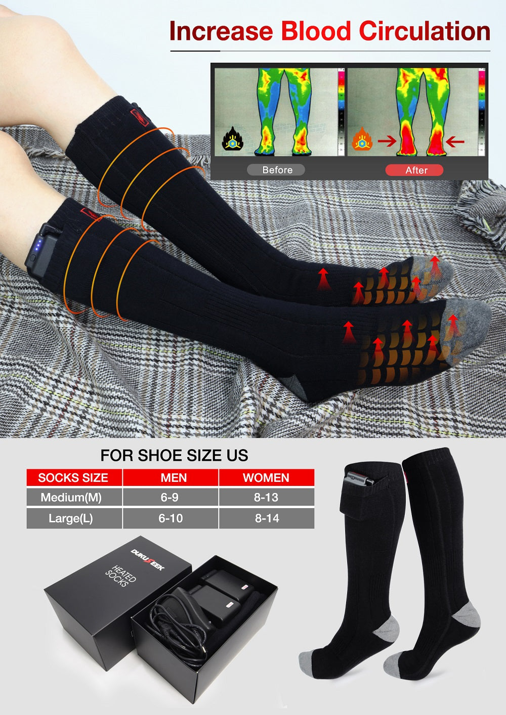 DUKUSEEK Electric Heated Socks with  7.4V 2800mAh Rechargeable Lipo Battery for Camping Skiing Hunting Fishing Boating Hiking Outdoor Activities 